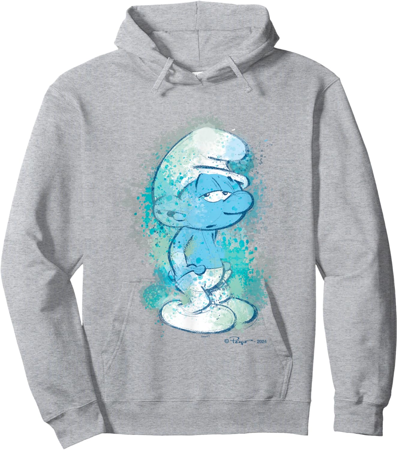 The Smurfs Lazy Smurf Watercolor Portrait Distressed Hoodie - Hoodie | Ash
