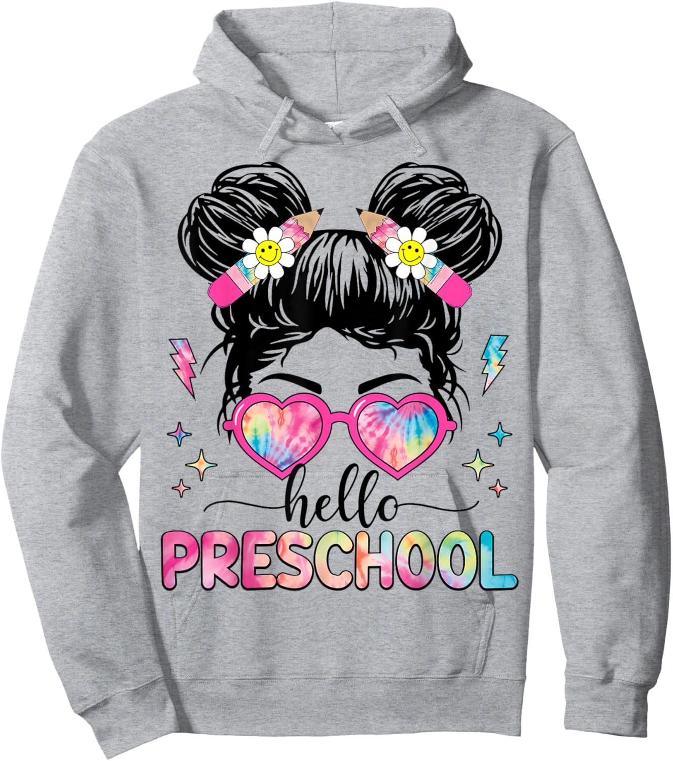 Hello Preschool Messy Bun Girl Back To School First Day Hoodie - Hoodie | Ash