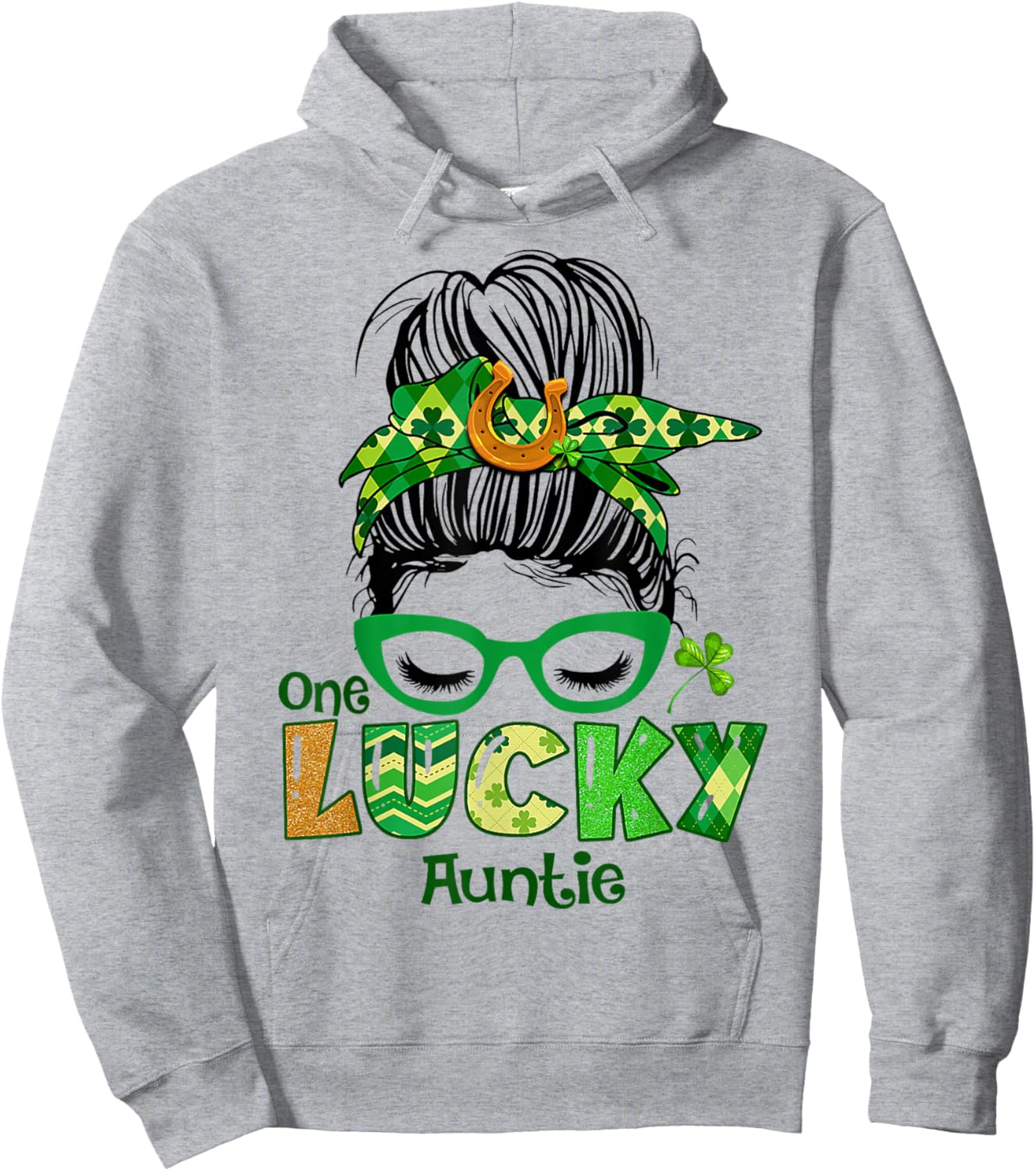 One Lucky Auntie Messy Bun Leopard St Patrick's Day Shamrock Hoodie - Hoodie | Ash