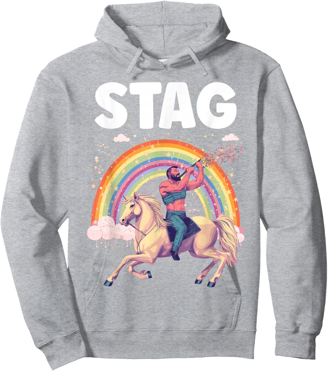 Funny Stag Do Pink Rainbow Man Riding A Horse Stag Costume Hoodie - Hoodie | Ash