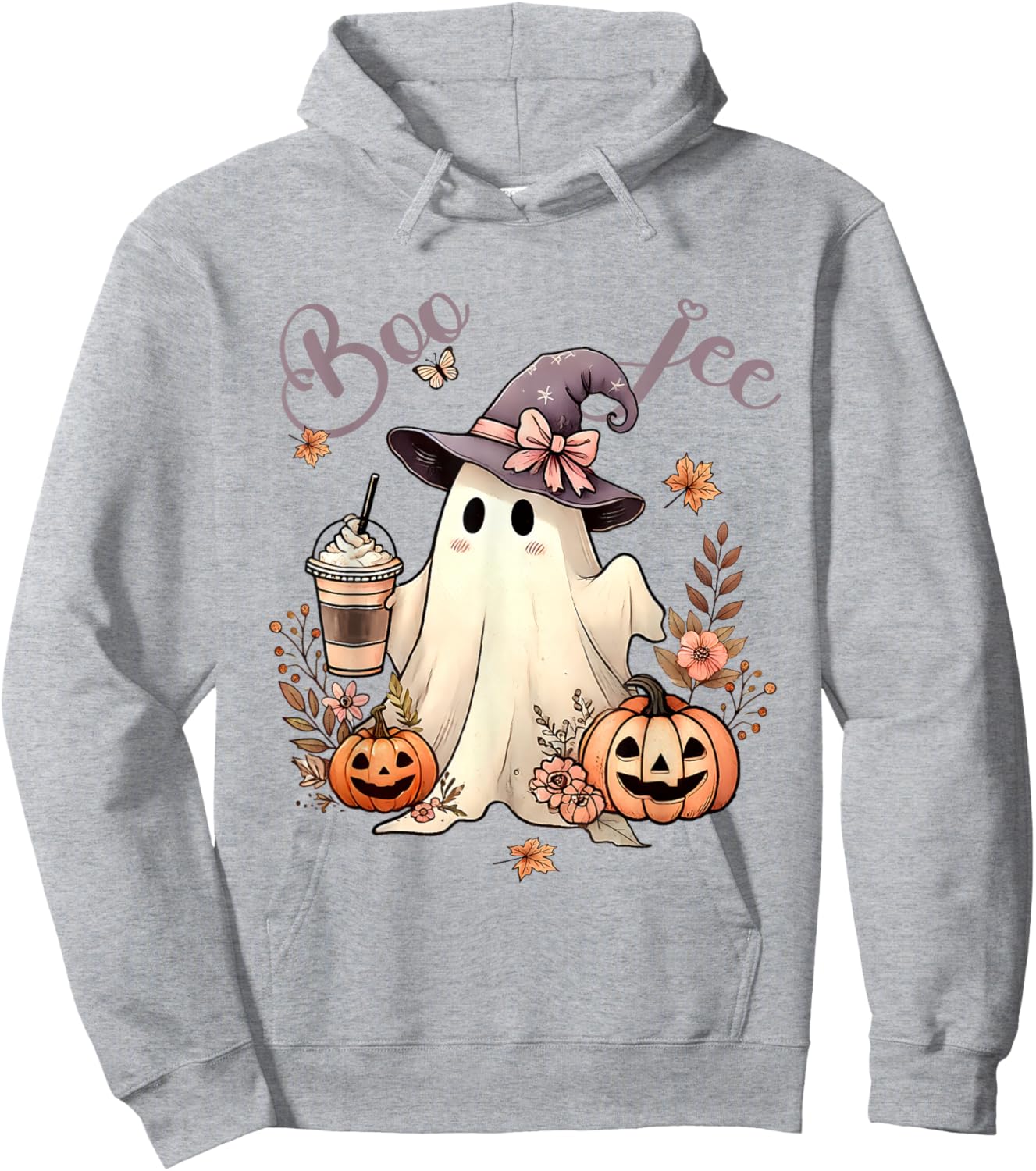 Boo Jee Ghost Ice Coffee Coquette Bow Halloween Women Girl Hoodie - Hoodie | Ash