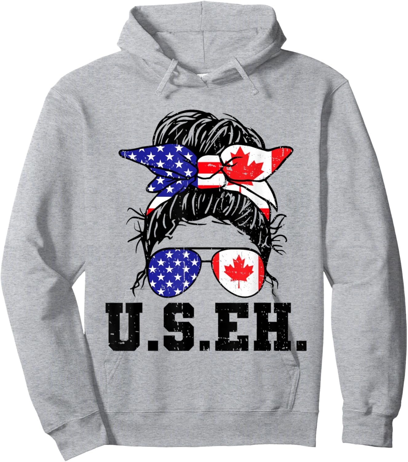 Messy Bun American Canadian Flag Sunglasses US EH Canada Day Hoodie - Hoodie | Ash