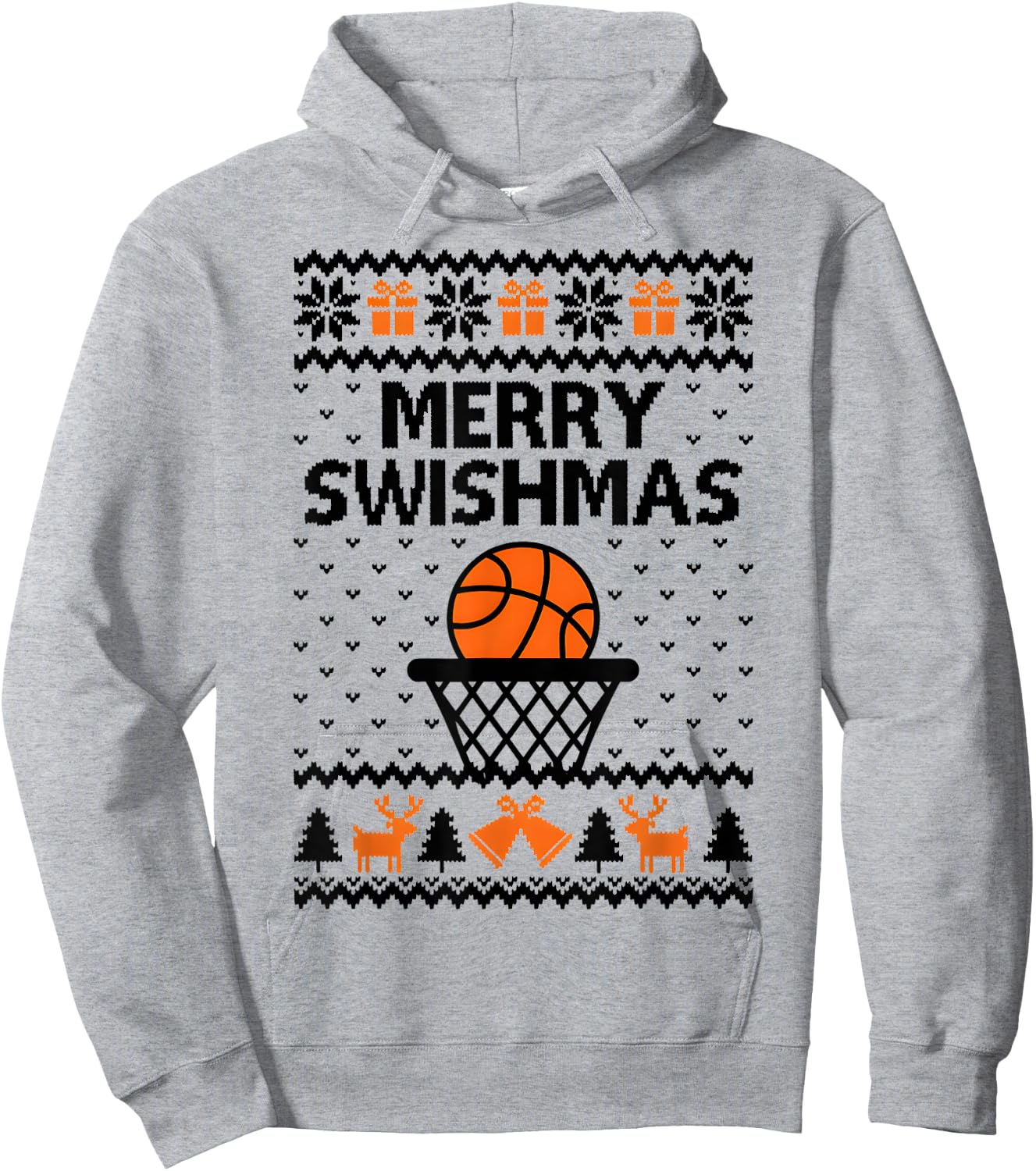 Merry Swishmas X-Mas Basketball Ugly Christmas Sweater Style Hoodie - Hoodie | Ash