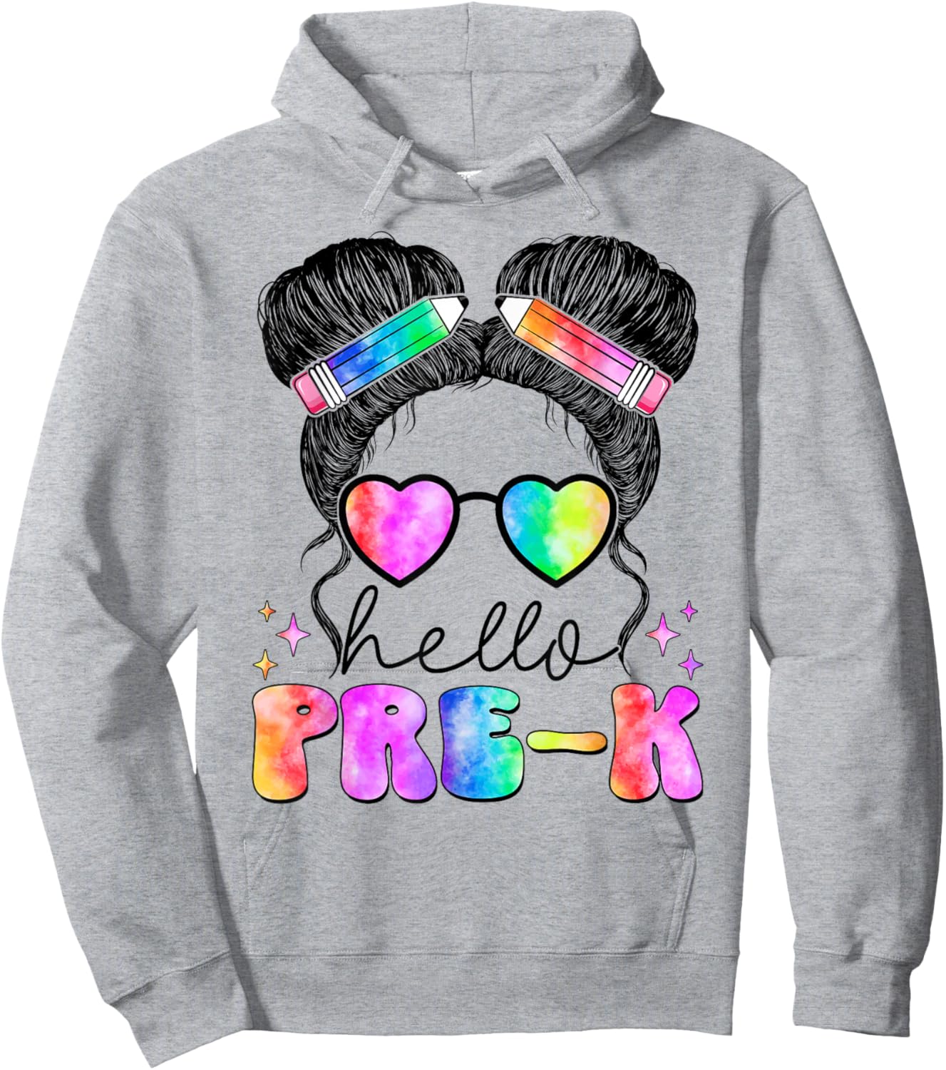 Messy Hair Bun Girl Back To School First Day Hello Pre K Hoodie - Hoodie | Ash