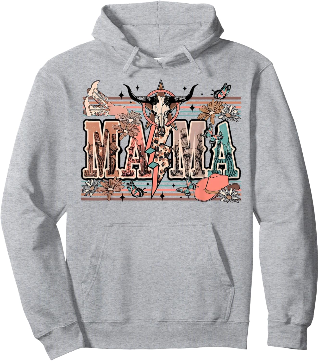 Mama Western Country Cow Skull Cowhide Mom Hippies Mama Hoodie - Hoodie | Ash