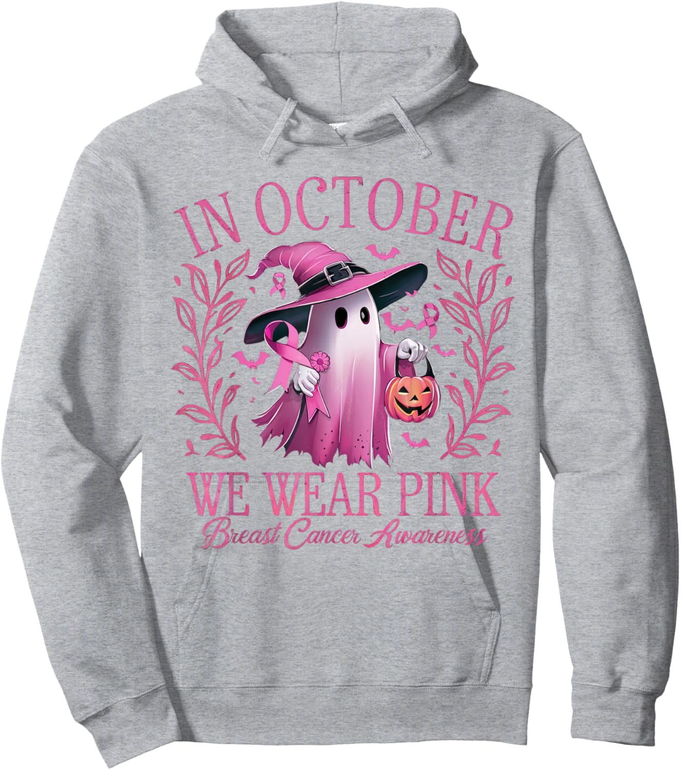 In October We Wear Pink Breast Cancer Awareness Halloween Hoodie - Hoodie | Ash