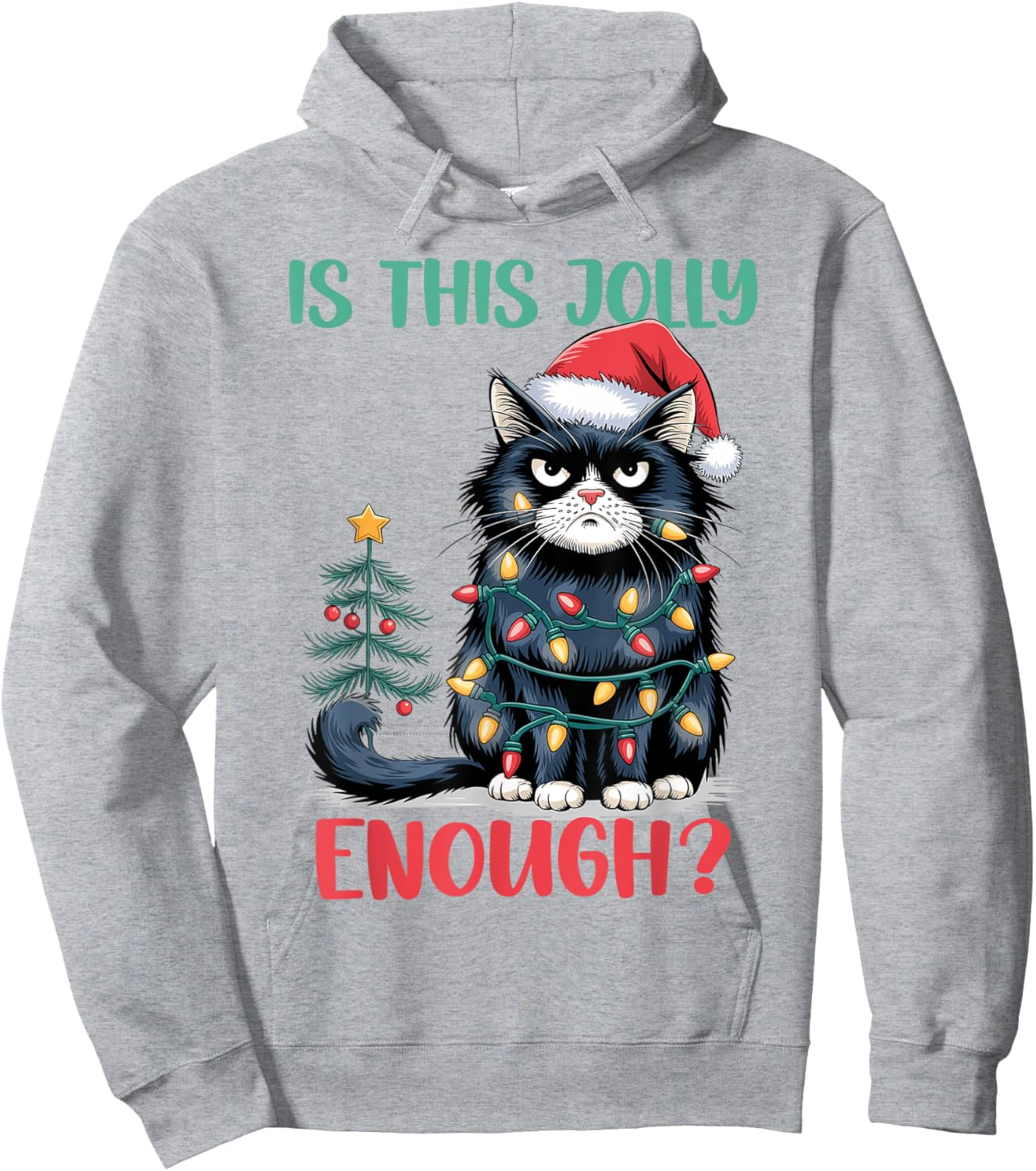 Is This Jolly Enough Cat Christmas Tree Funny Xmas Cat Lover Women Kids Hoodie - Hoodie | Ash