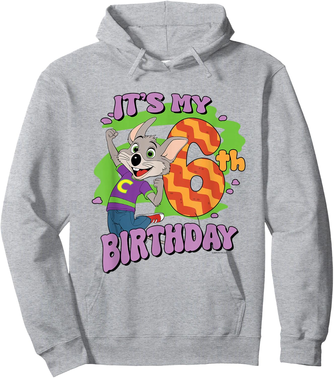 Chuck E. Cheese It's My 6th Birthday Happy Chuck Chest Logo Hoodie - Hoodie | Ash