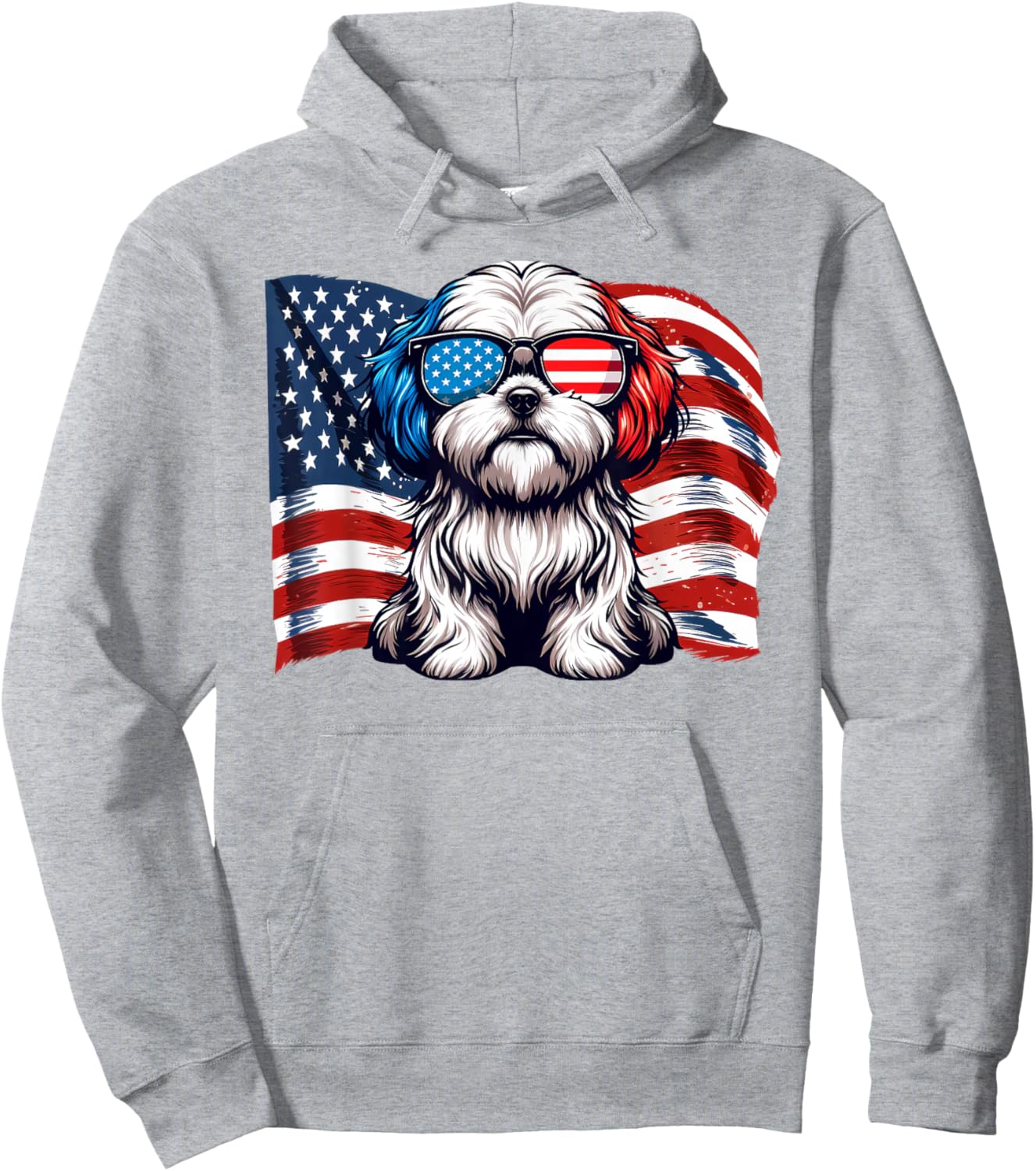 Cute Lhasa Apso USA Flag Sunglasses Patriotic American Pride Hoodie - Hoodie | Ash