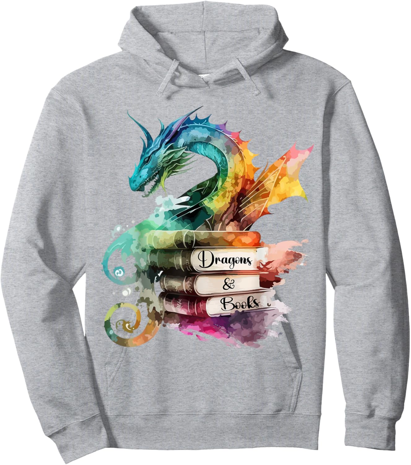Dragons and Books Watercolor Fantasy Dragon Lover Theme Hoodie - Hoodie | Ash