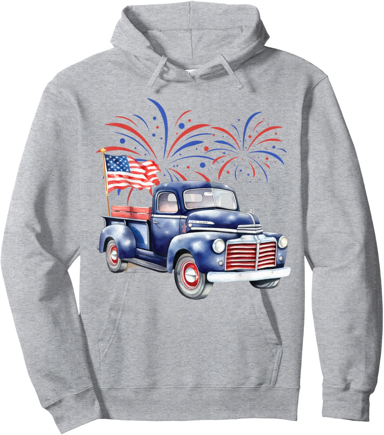 4th of July Memorial Day Holiday Patriotic Vintage Truck Women Kids Men Hoodie - Hoodie | Ash