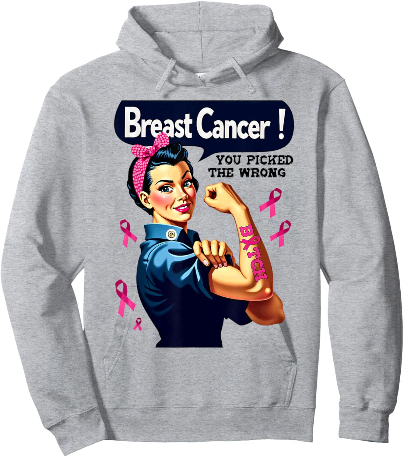 Breast Cancer You Picked The Wrong Bitch Messy Bun Girl Hoodie - Hoodie | Ash
