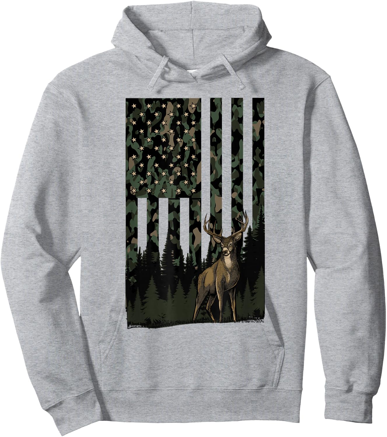 Camo Deer American Flag Patriotic Hunting Graphic USA Flag Hoodie - Hoodie | Ash