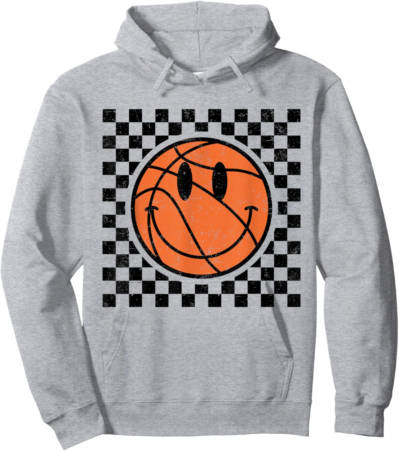 Game Day Basketball Smile Face Checkered Retro Vintage Style Hoodie - Hoodie | Ash