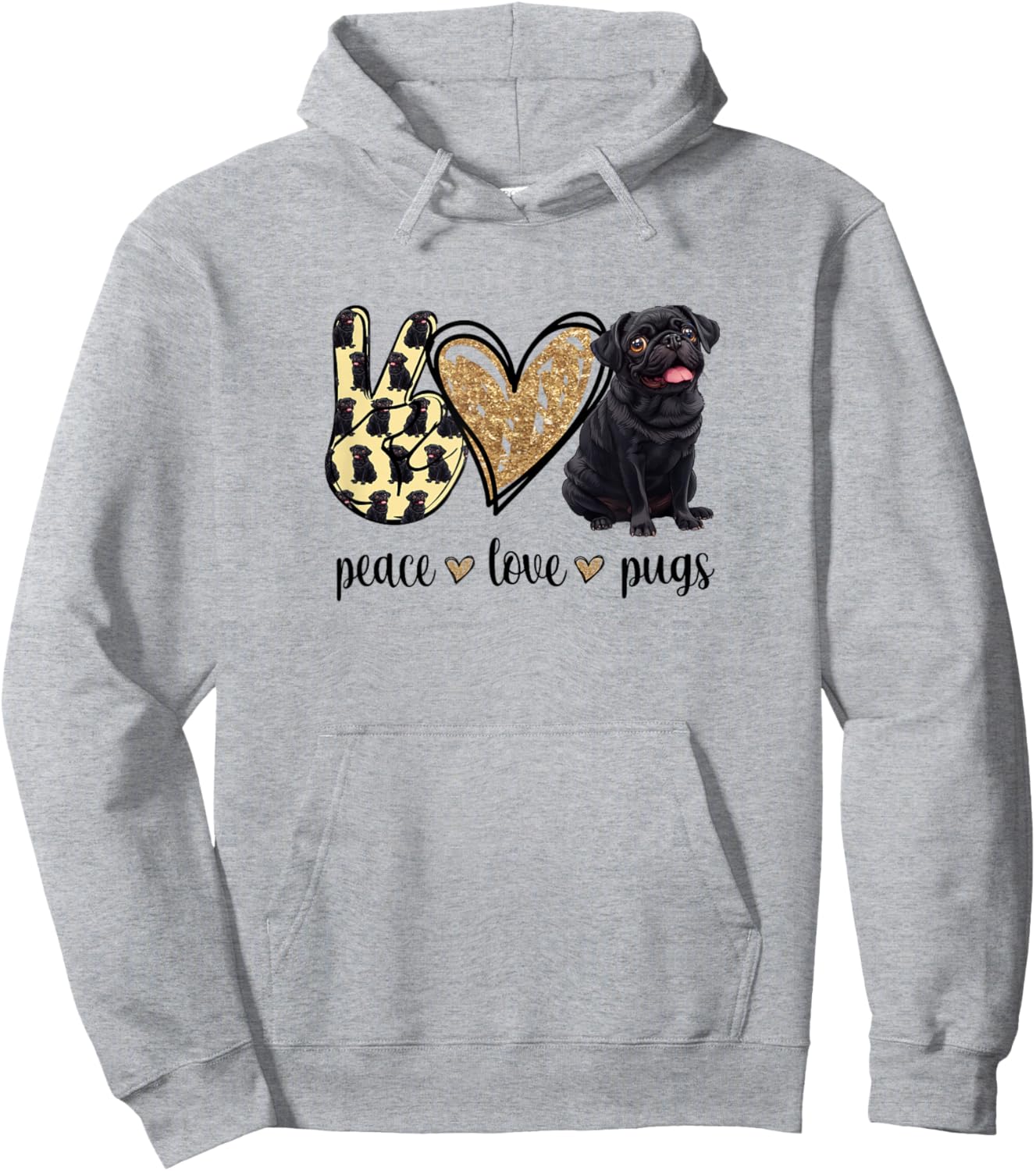 Funny Peace Love Black Pug Lover Hoodie - Hoodie | Ash