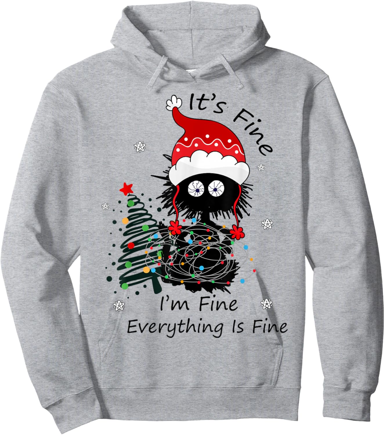 Santa Black Cat Tangled in Christmas Lights Hoodie - Hoodie | Ash