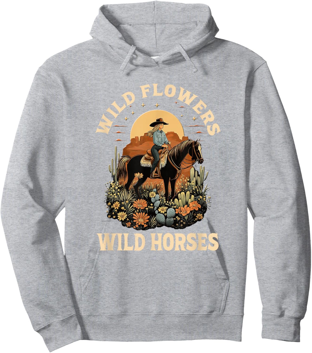 Western Sunset Cowgirl Riding Horse Wild Flowers Wild Horses Hoodie - Hoodie | Ash