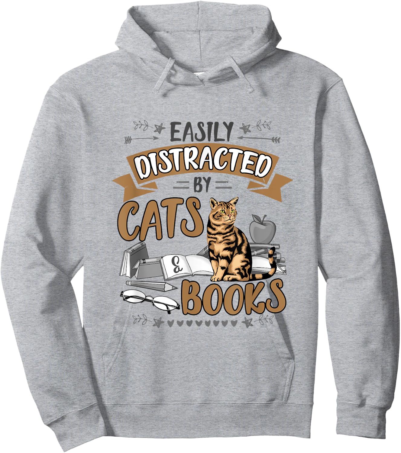 Easily Distracted by Cats and Books Men Women Cat Lovers Hoodie - Hoodie | Ash