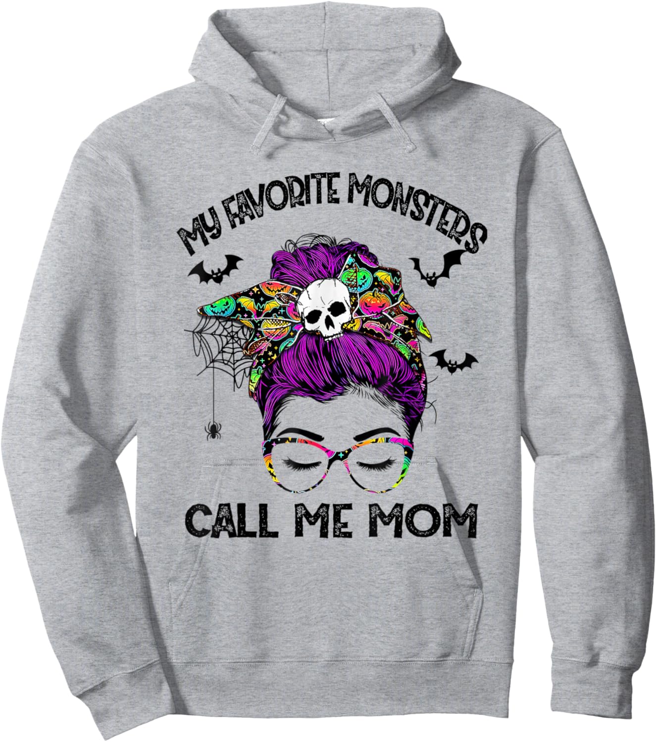 My Favorite Monsters Call Me Mom Messy Bun Happy Halloween Hoodie - Hoodie | Ash