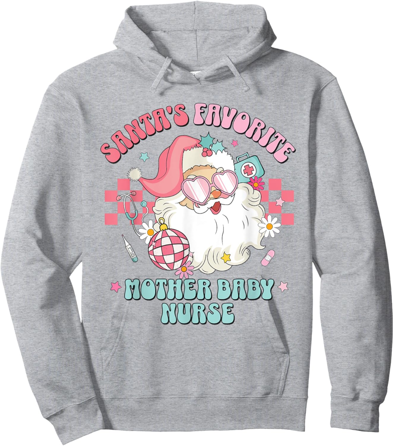 Retro Pink Christmas Santa's Favorite Mother Baby Nurse L&D Hoodie - Hoodie | Ash
