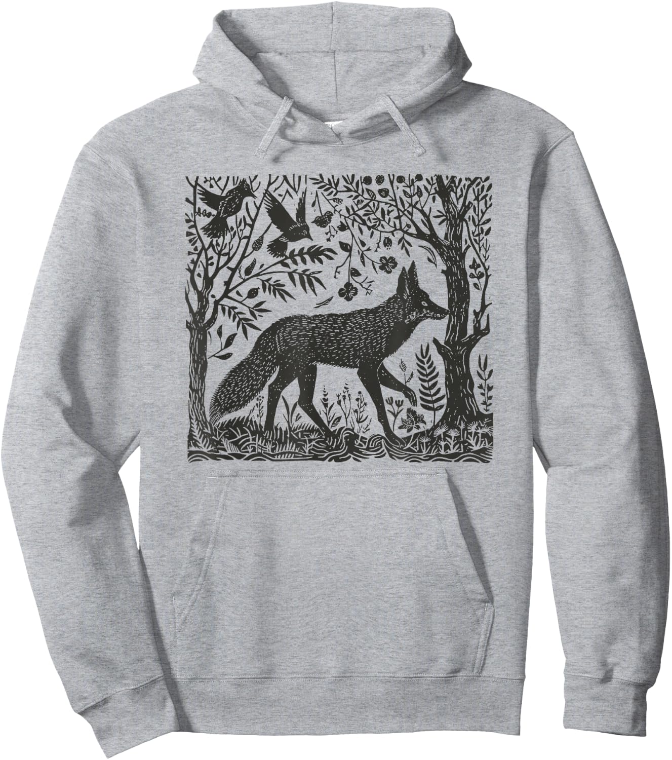 Folklore Forest Fox Lino Print Hoodie - Hoodie | Ash