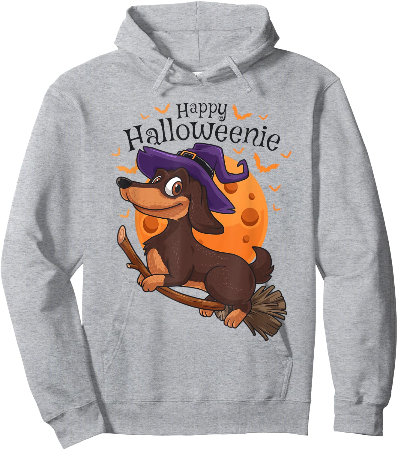 Happy Halloweenie Dachshund Viennese Dog Halloween Witch Broom Hoodie - Hoodie | Ash