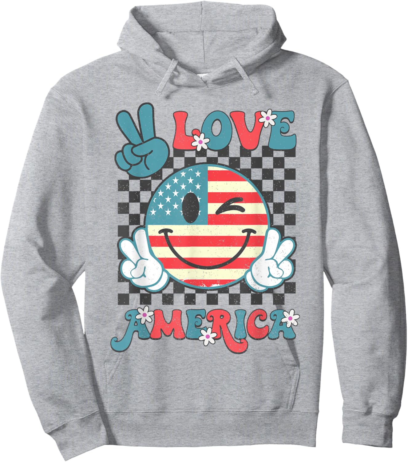 Peace Love America Smile Face US Flag Fourth 4th Of July Hoodie - Hoodie | Ash
