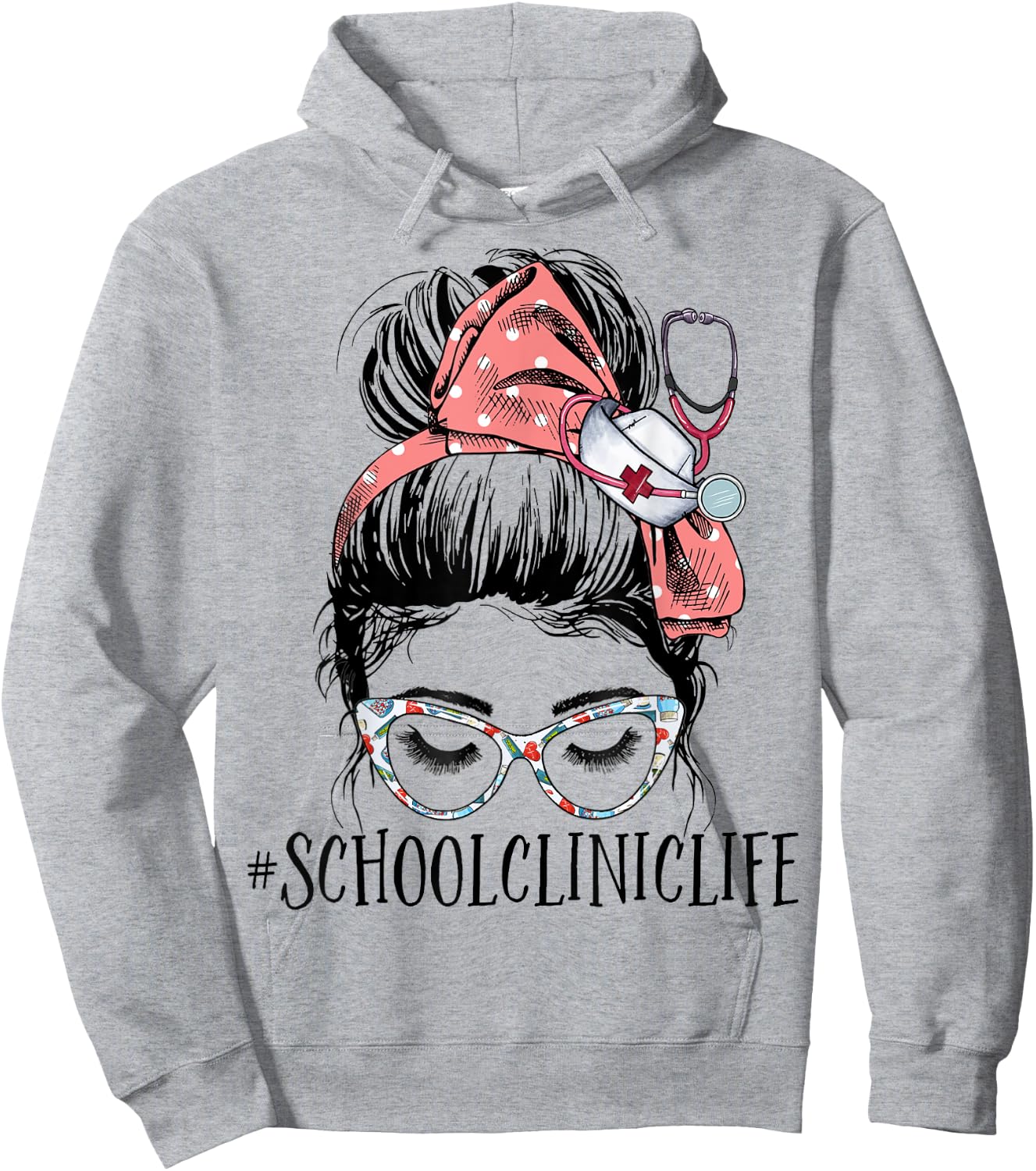 School Clinic Life Funny Messy Bun Woman School Nurse Hoodie - Hoodie | Ash