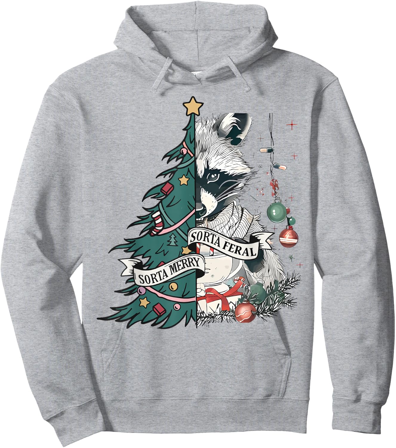 Funny Christmas Sorta Merry Sorta Feral Raccoon Xmas Tree Hoodie - Hoodie | Ash