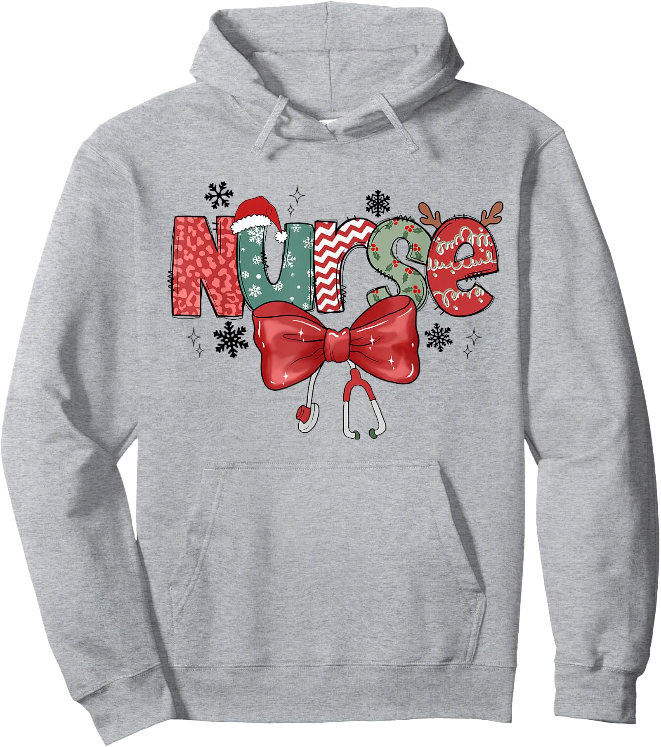 Christmas Nurse Coquette Bow Stethoscope Nursing Xmas Pjs Hoodie - Hoodie | Ash