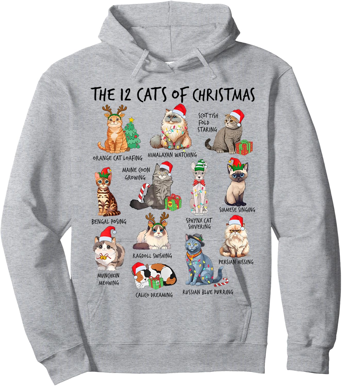 12 Cats of Christmas Funny Christmas Cat Lover Xmas Holiday Men Women Kids Hoodie - Hoodie | Ash