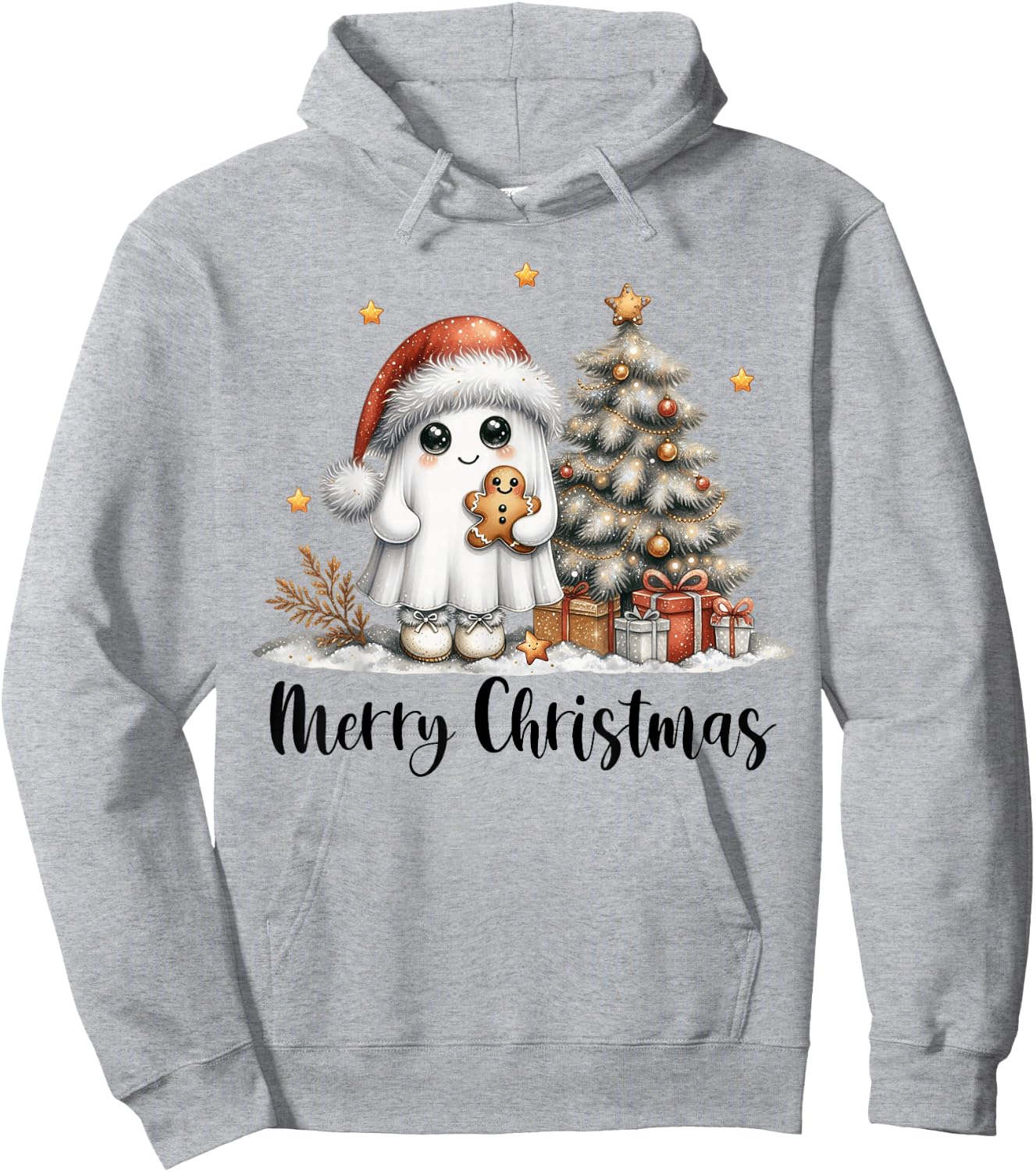 Merry Christmas Ghost With Santa Hat Xmas Tree Lights Men Hoodie - Hoodie | Ash