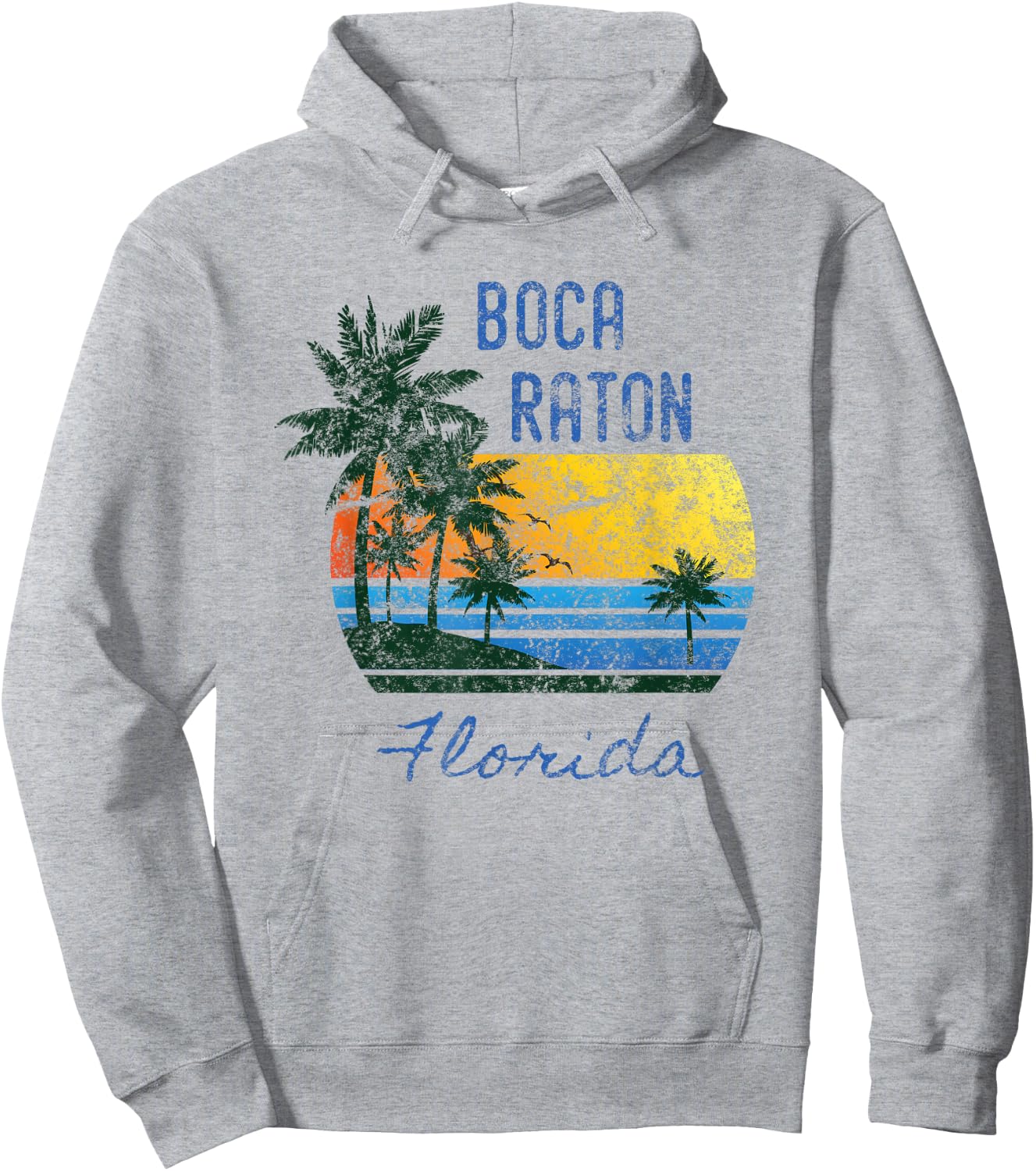 Retro Cool Boca Raton FL Distressed Palm Tree Sunset Novelty Hoodie - Hoodie | Ash