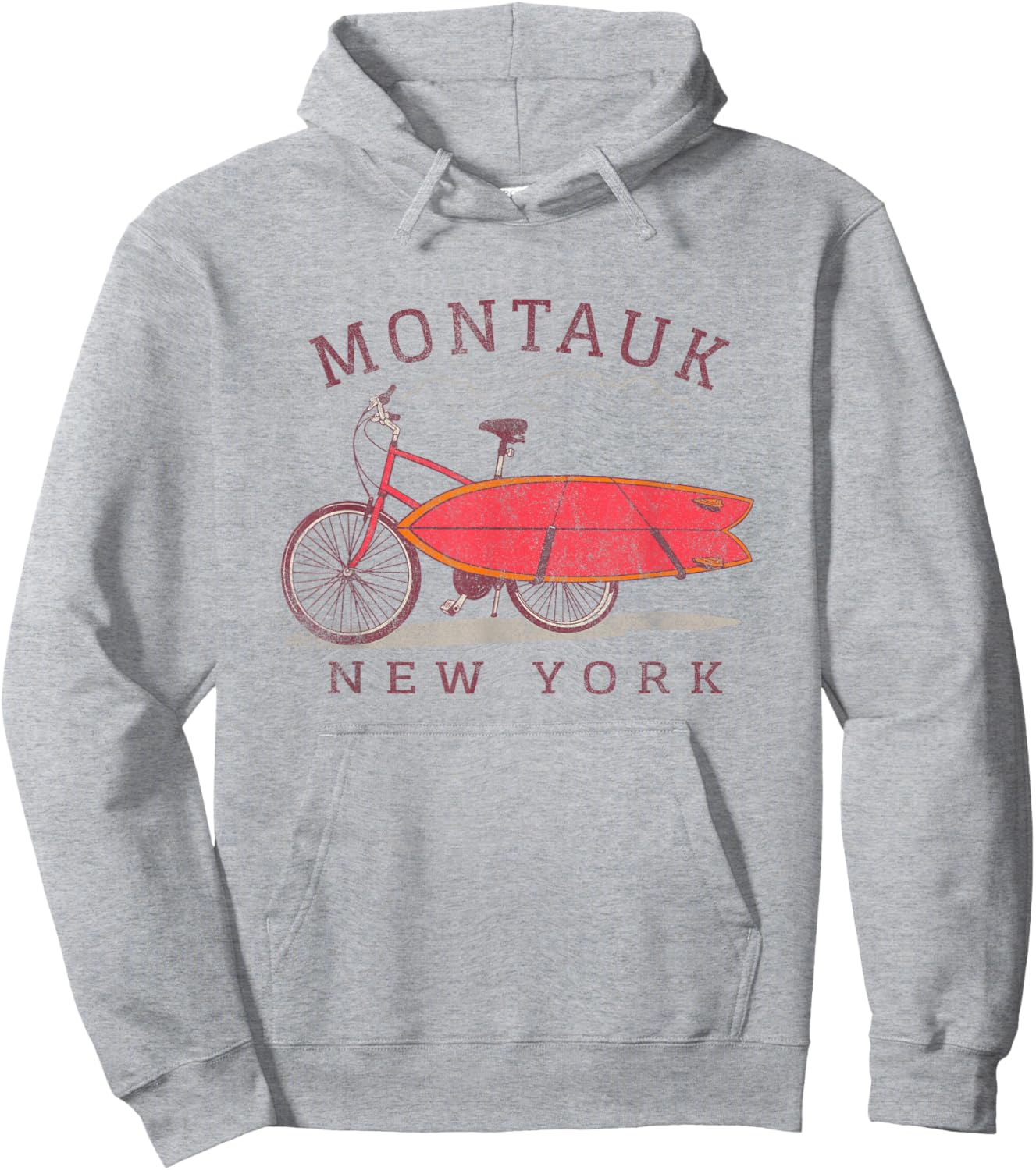 Retro Montauk New York NY Surfing Fan Surfboard Bicycle Art Hoodie - Hoodie | Ash