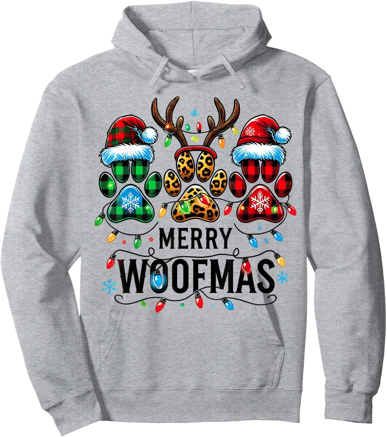 Merry Woofmas Christmas Dog Paws Lights Buffalo Plaid Women Hoodie - Hoodie | Ash