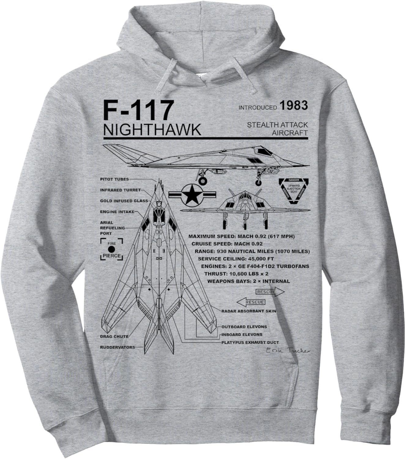 F-117 Nighthawk Stealth Fighter Schematic Infographic Hoodie - Hoodie | Ash
