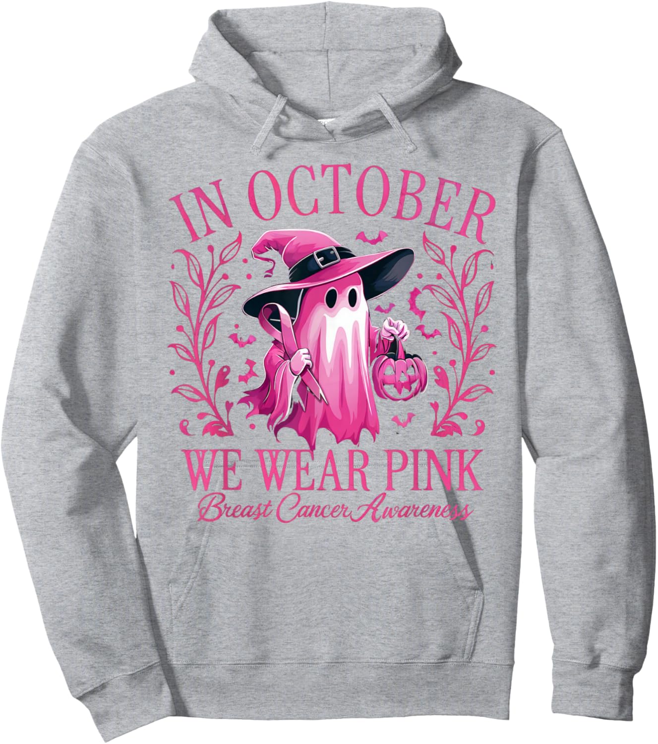 In October We Wear Pink Breast Cancer Awareness Halloween Hoodie - Hoodie | Ash