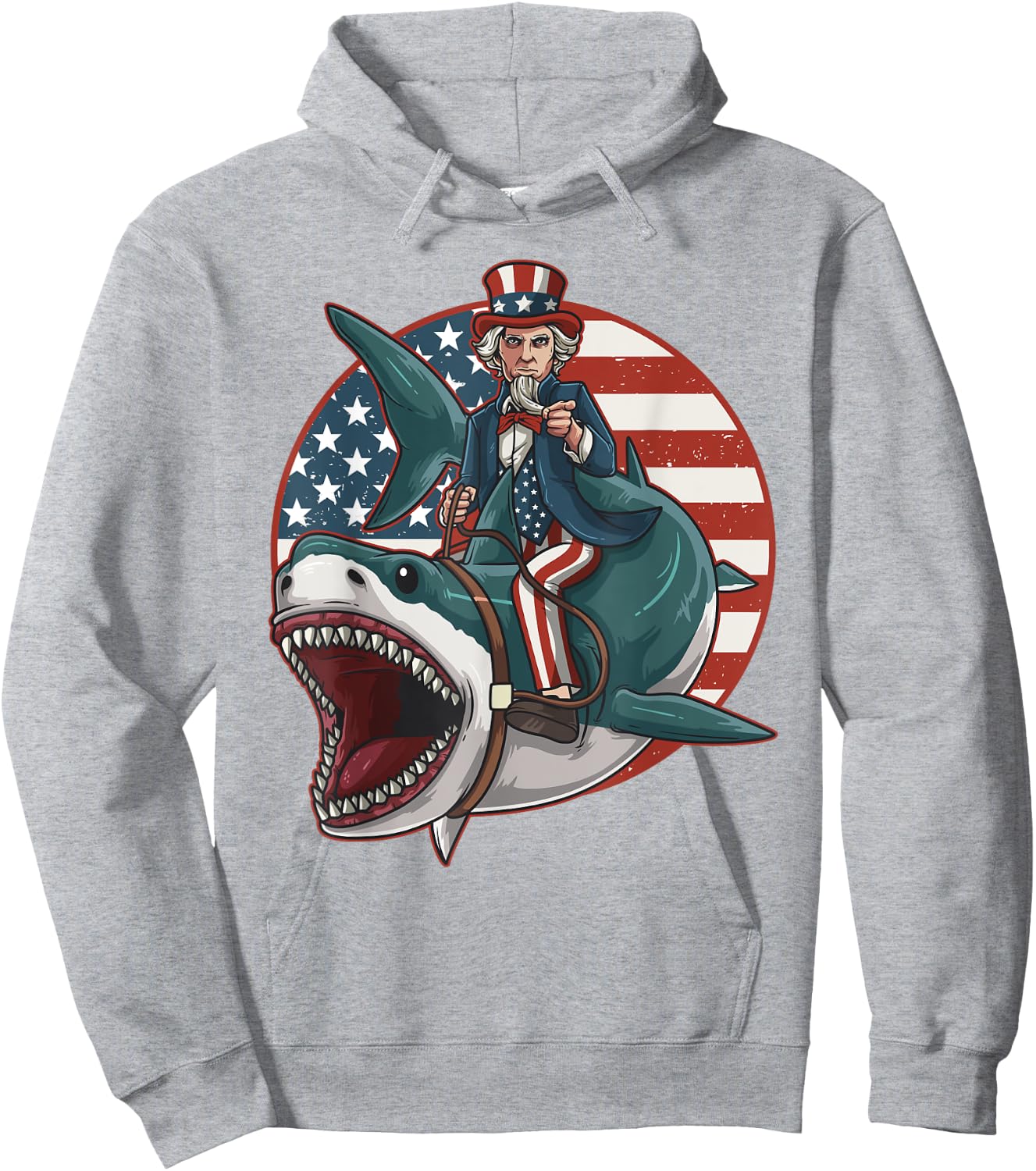 Uncle Sam Riding Great White Shark 4th of July Light Hoodie - Hoodie | Ash