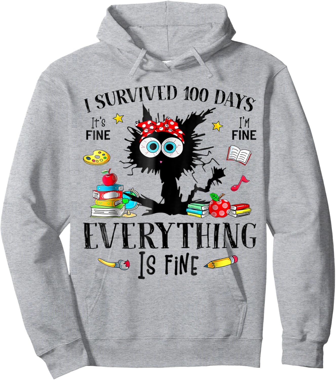 I Survived 100 Days Of School Teacher & Kids Funny Cat Hoodie - Hoodie | Ash