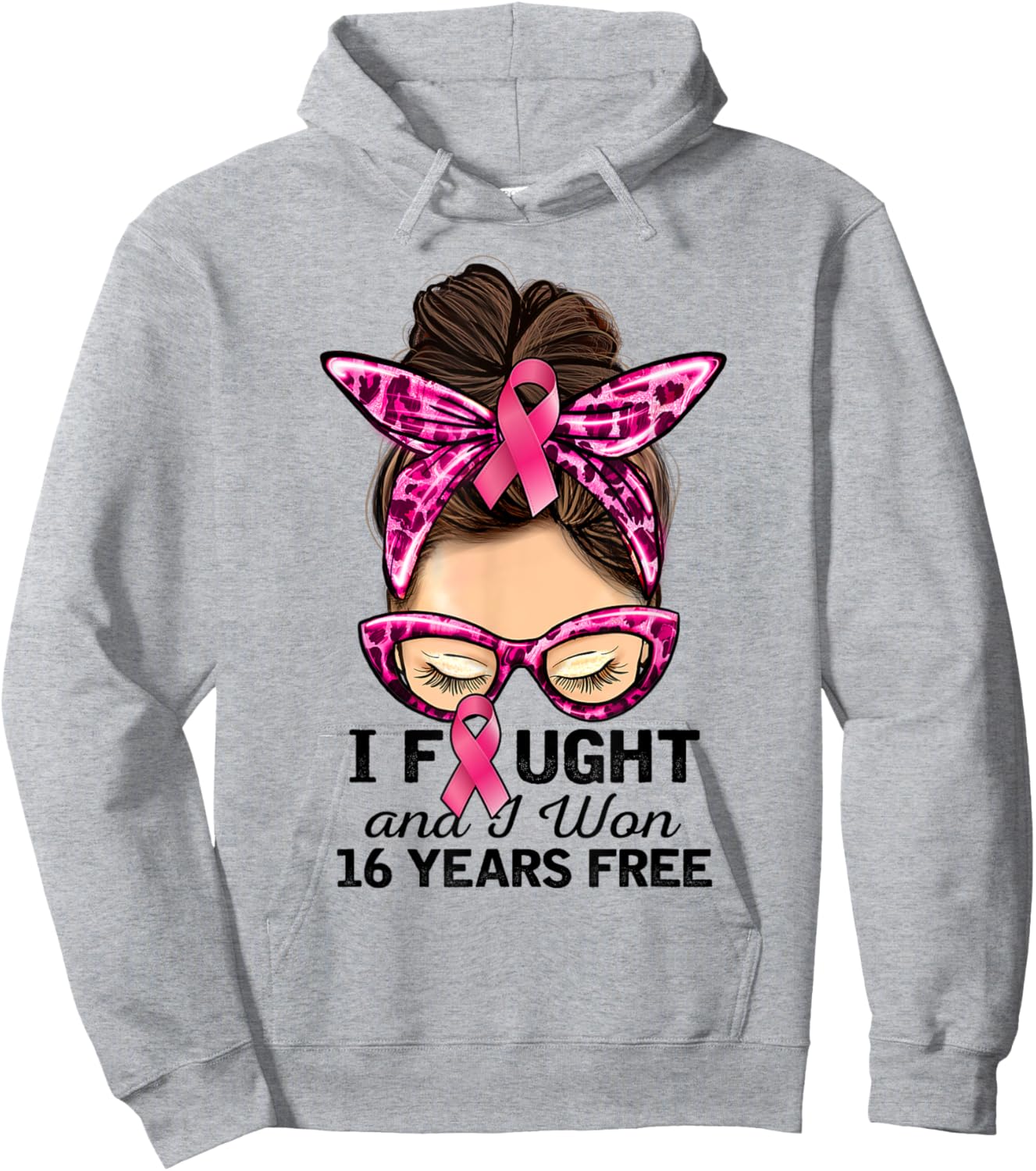 I Fought and I Won 16 Years Free Messy Bun Breast Cancer Hoodie - Hoodie | Ash