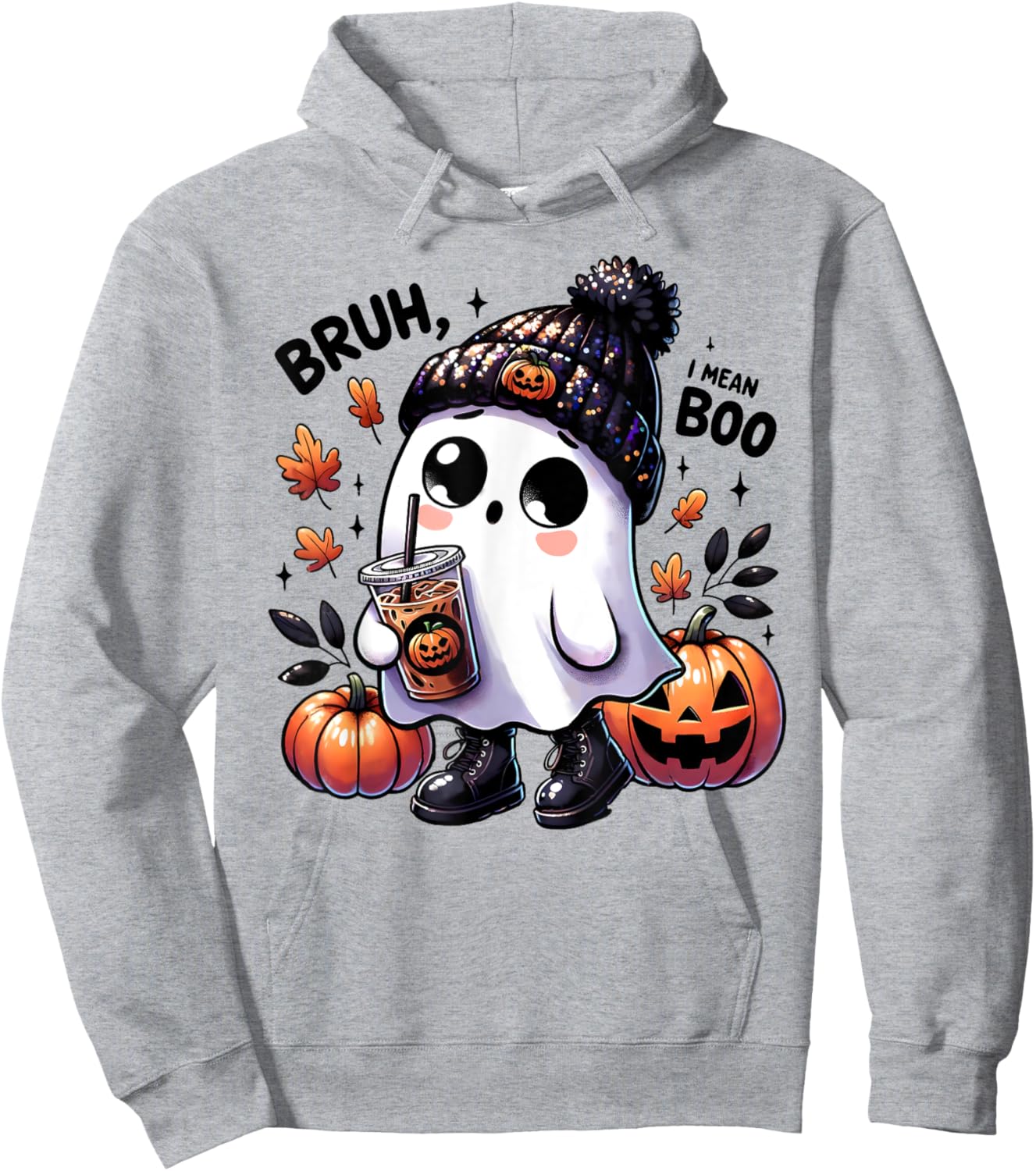 Bruh I Mean Boo Funny Ghost Jack O Lantern Coffee Halloween Hoodie - Hoodie | Ash