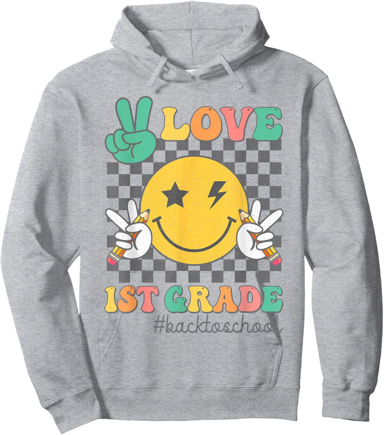 Peace Love 1st Grade Smile Face Back To School First Grade Hoodie - Hoodie | Ash