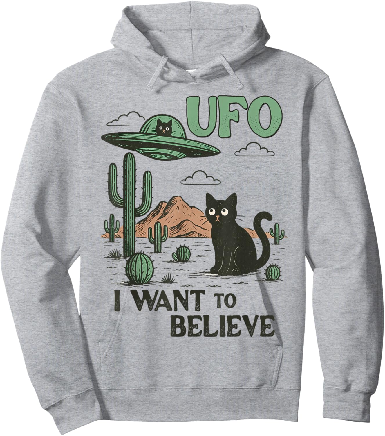 UFO Hunting Sci-fi Fan Black Cat in Desert I Want to Believe Hoodie - Hoodie | Ash