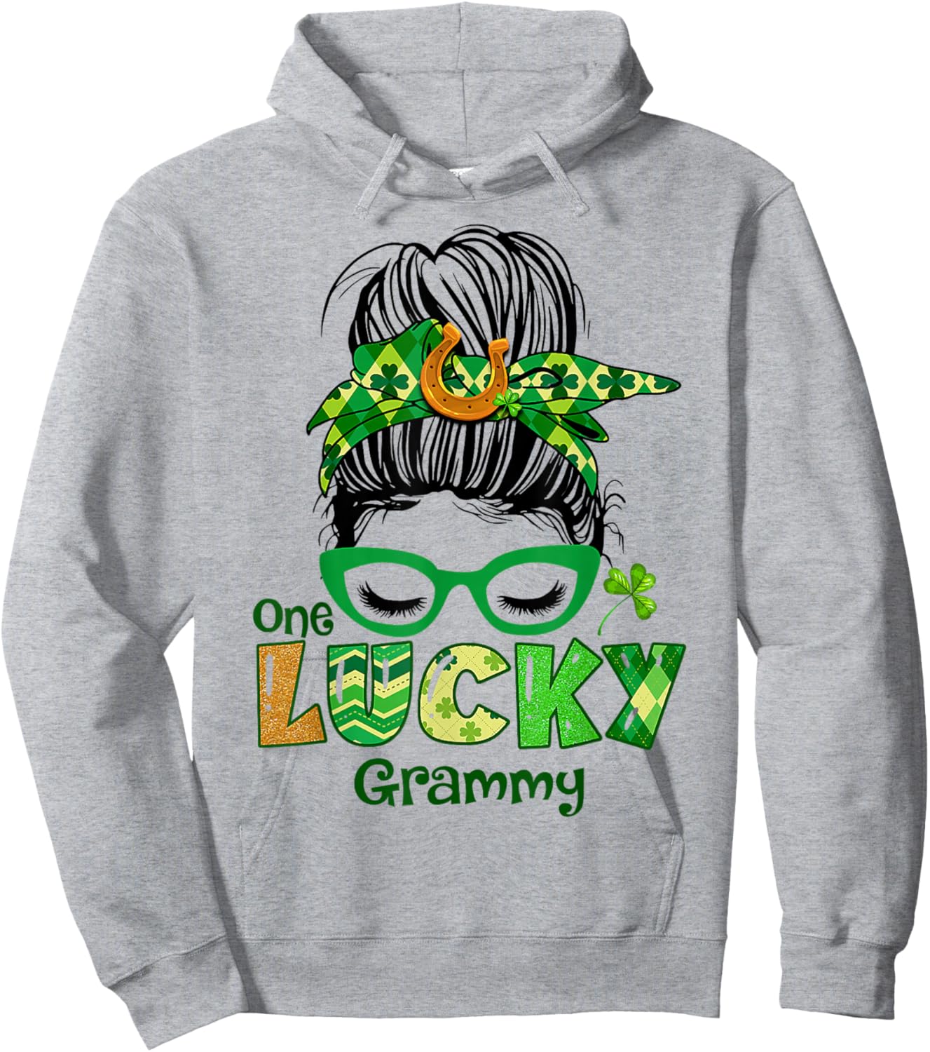 One Lucky Grammy Messy Bun Leopard St Patricks Day Shamrock Hoodie - Hoodie | Ash
