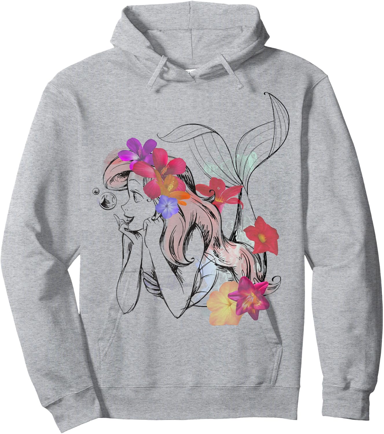 Disney The Little Mermaid Floral Watercolor Outline Hoodie - Hoodie | Ash