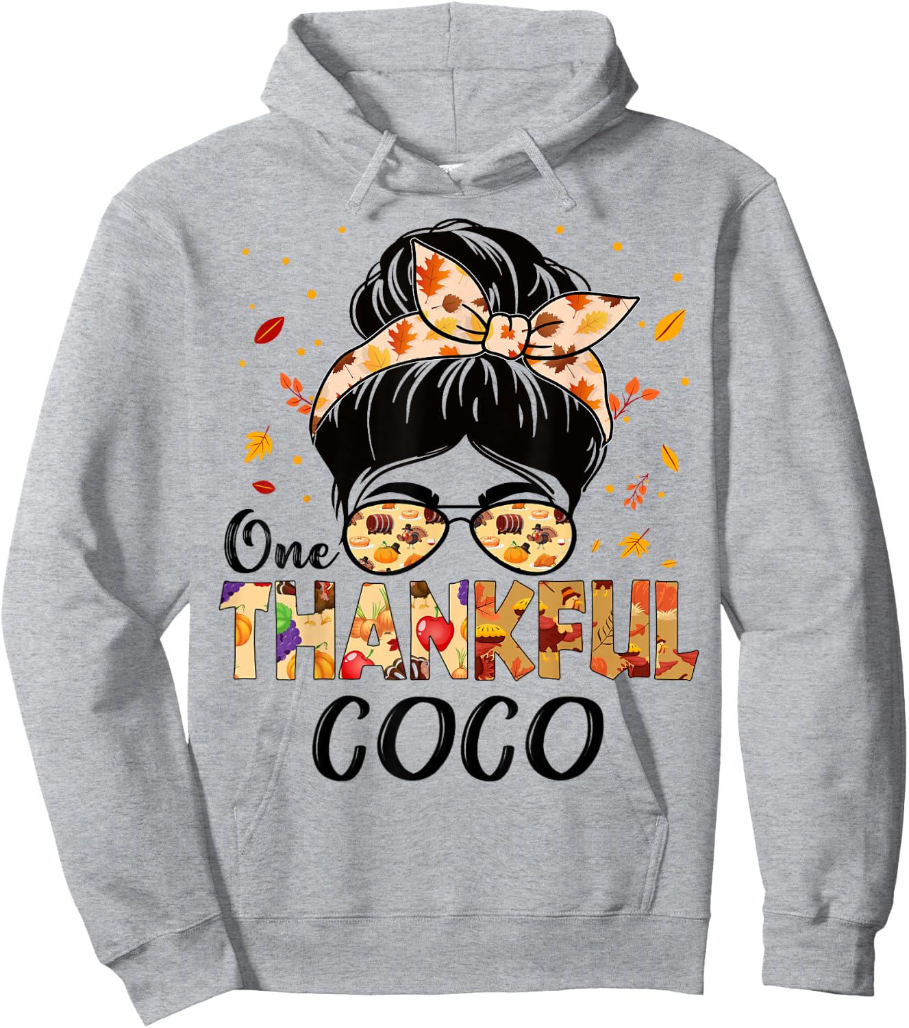 Coco One Thankful Messy Bun Grandma Thanksgiving Fall Autumn Hoodie - Hoodie | Ash