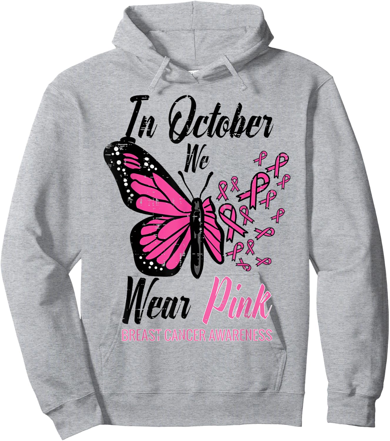 In October We Wear Pink Butterfly Breast Cancer Awareness Hoodie - Hoodie | Ash