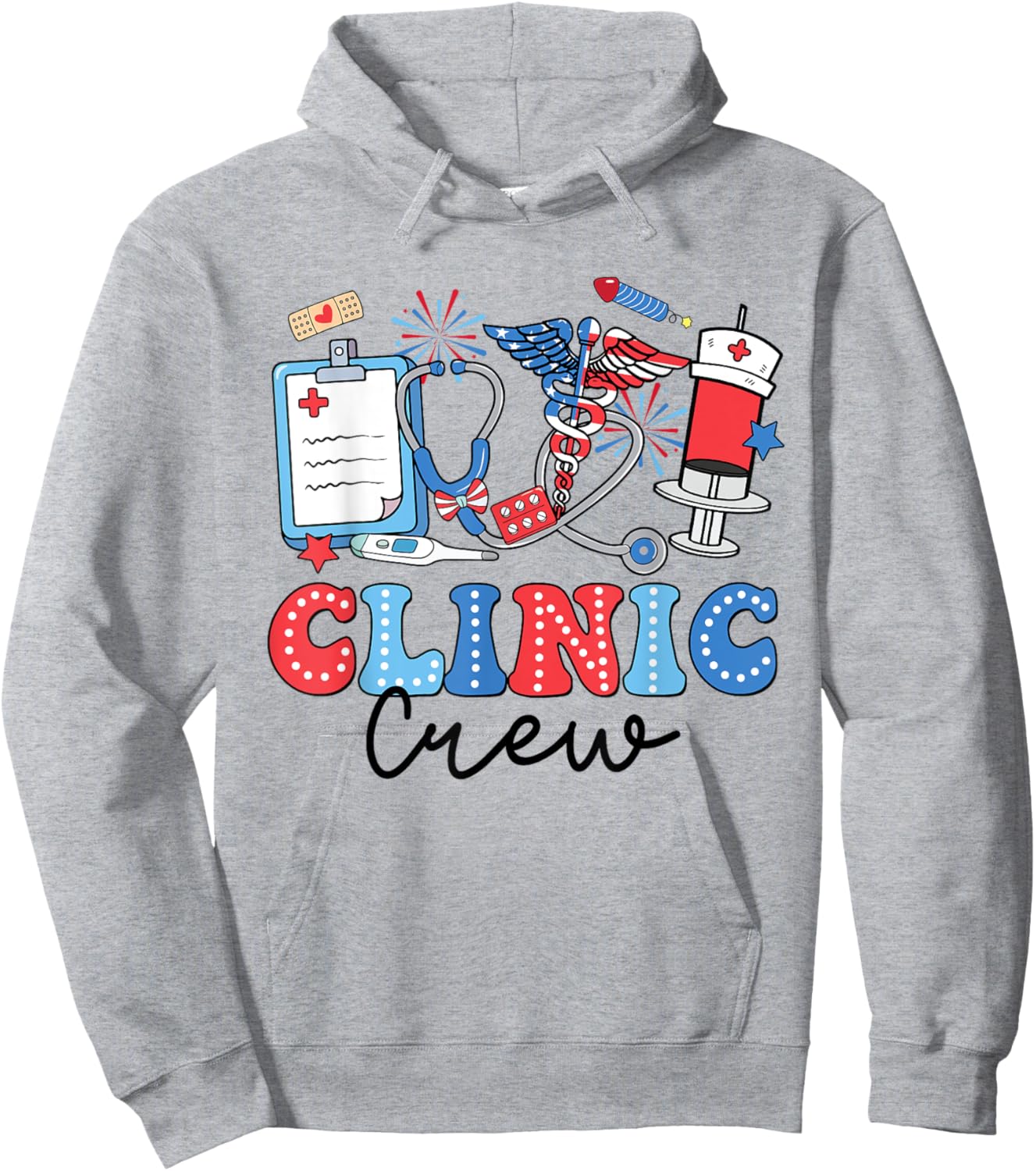 Retro Clinic Crew American Flag Fireworks Nurse 4th Of July Hoodie - Hoodie | Ash