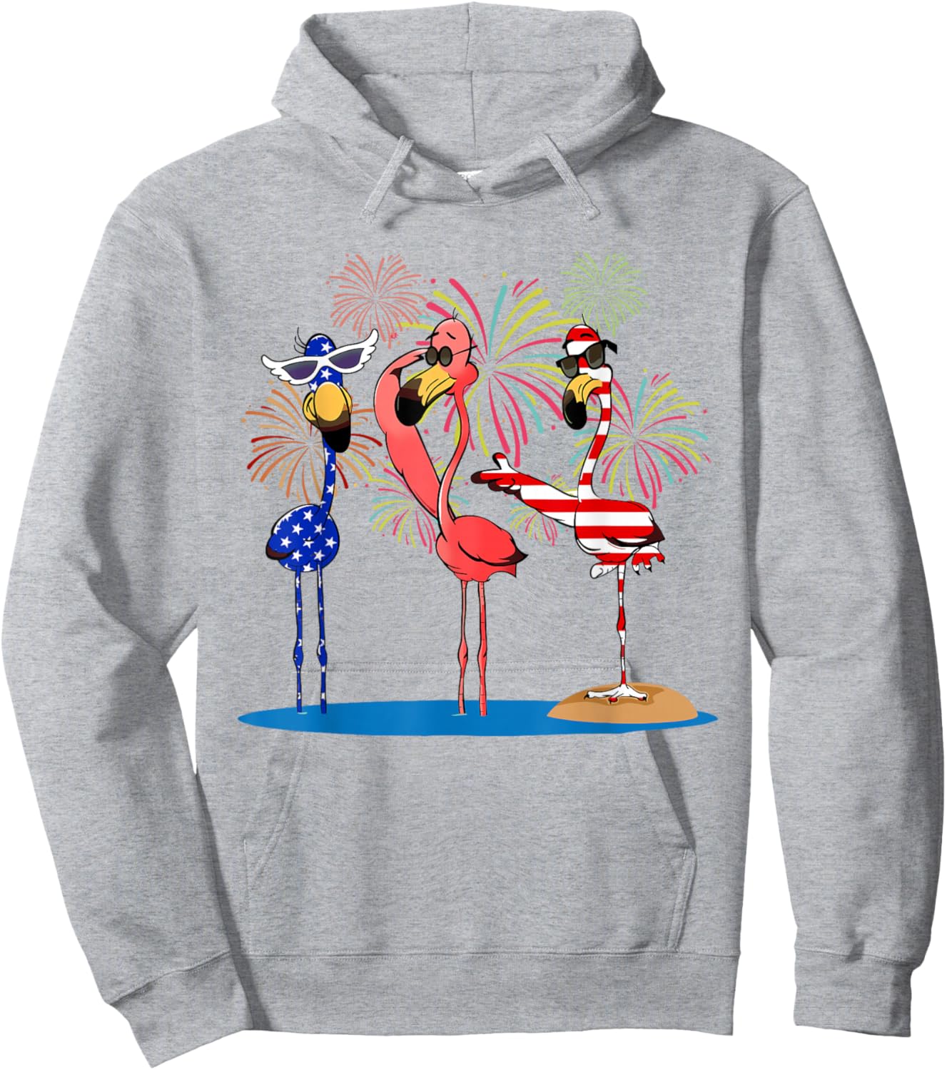 Flamingos And Fireworks Red White Blue 4th Of July American Hoodie - Hoodie | Ash