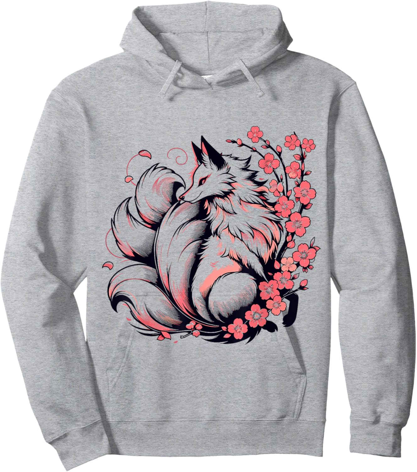 Retro Japanese Kitsune Nine Tailed Fox Cherry Blossom Anime Hoodie - Hoodie | Ash